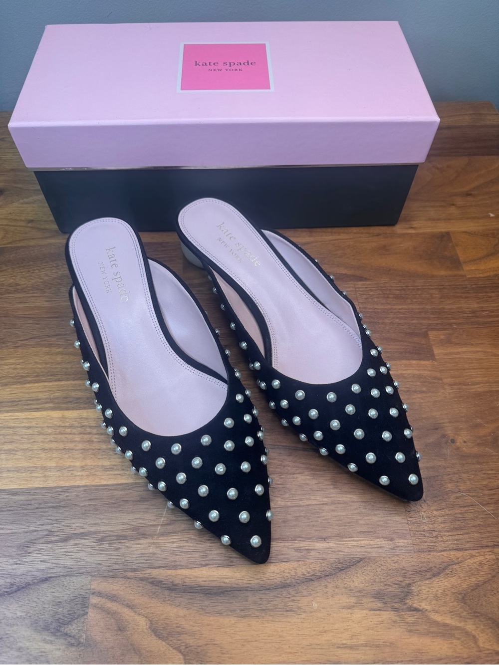 kate spade Black Pearl-Embellished Pointed Toe Mules Honor Velvet 9.5